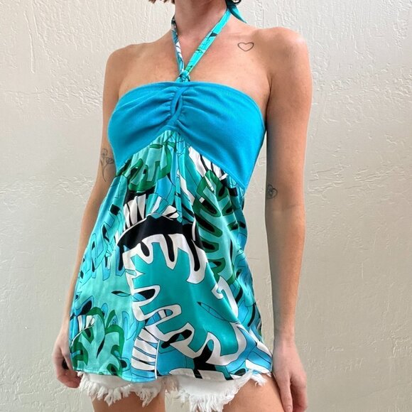 Vintage Tops - Y2K Bebe Blue Silk Knit Printed Halter Top